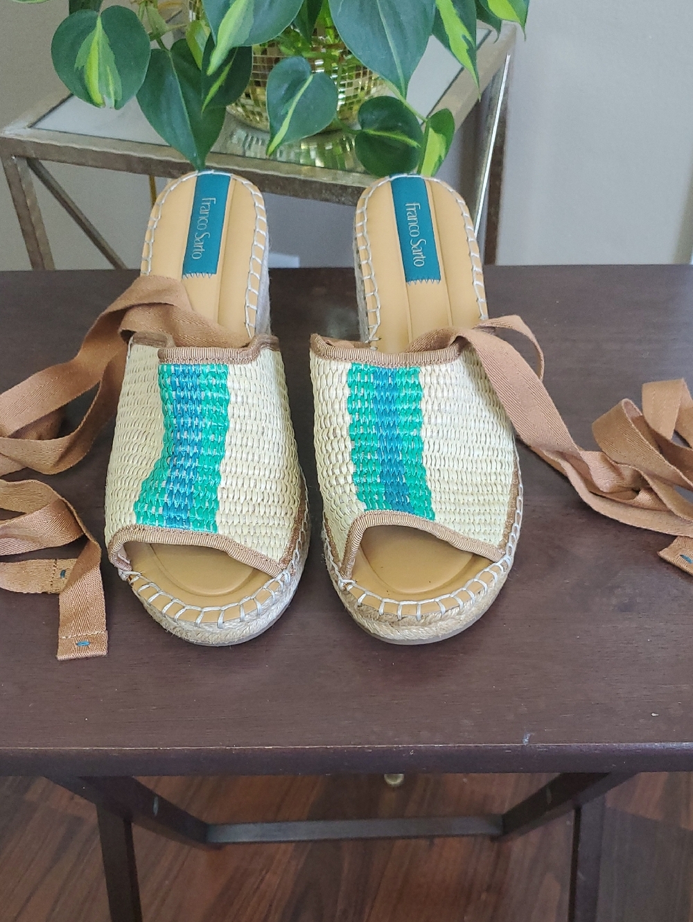 Franco Sarto Natural Woven Espadrille Mules with Teal Stripe